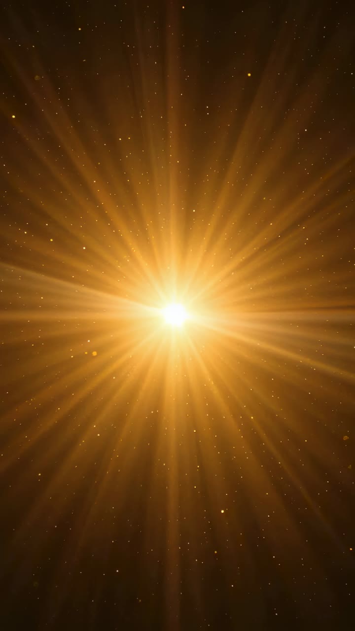 Vertical video: Opening golden core pulsing in amber field, emitting rays and drifting particles