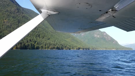 pov from seaplane floating in the ocean with lush green mountain views