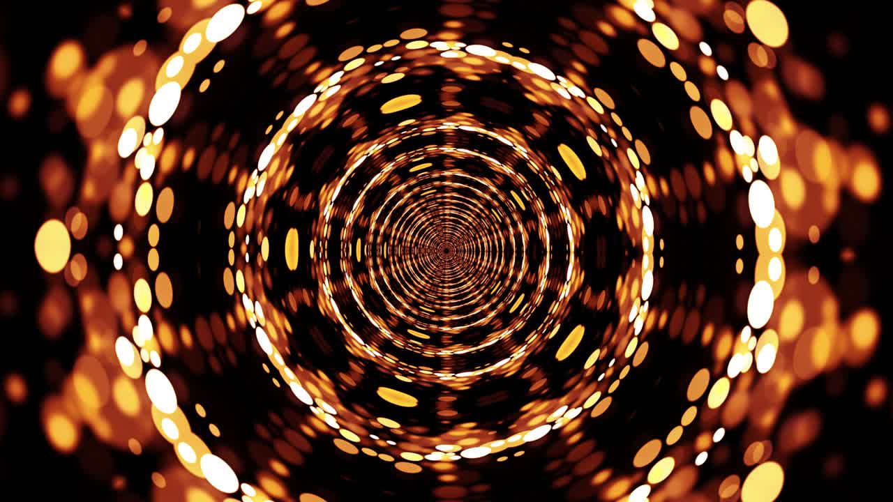 Abstract fantasy golden bokeh light tunnel with lights and particles. Abstract background for VJ disco music. 4K 3D seamless loop psychedelic kaleidoscope with bokeh light moving and rotating.