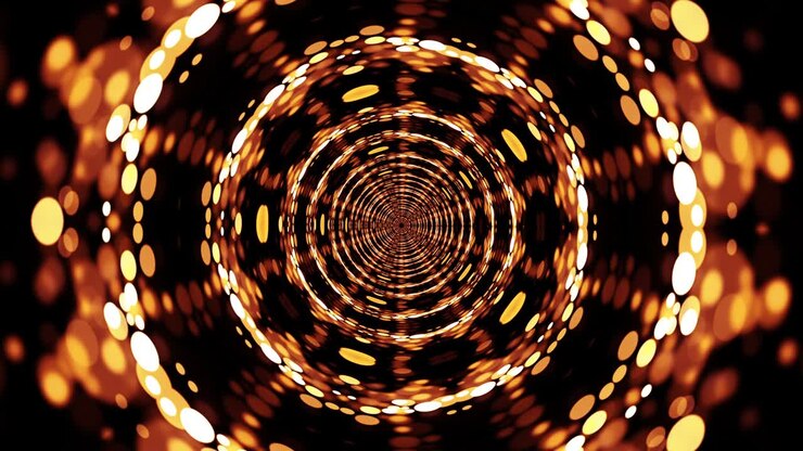 Abstract fantasy golden bokeh light tunnel with lights and particles. Abstract background for VJ disco music. 4K 3D seamless loop psychedelic kaleidoscope with bokeh light moving and rotating.