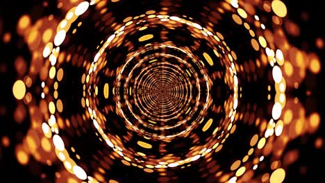 abstract fantasy golden bokeh light tunnel with lights and particles. abstract background for vj disco music. 4k 3d seamless loop psychedelic kaleidoscope with bokeh light moving and rotating.