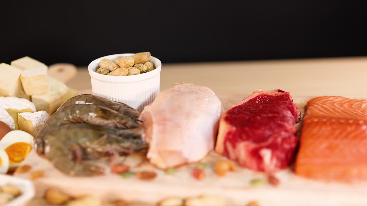 variedad de carnes, nueces y mariscos dispuestos juntos