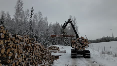 Pine-tree-logs-unloaded-by-Mechanical-griper-during-wintertime,-Pullback-shot