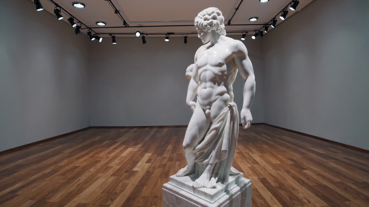 Un video riprende una statua di marmo in una galleria da un'angolazione bassa, evidenziandone lo stile classico
