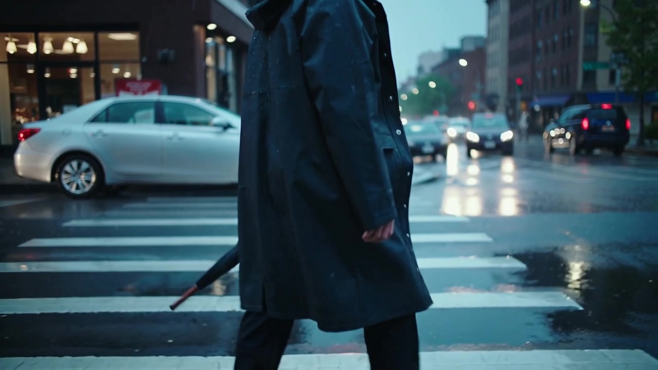 Stepping from curb, adult crossing crosswalk to sidewalk, holding closed umbrella, wearing raincoat