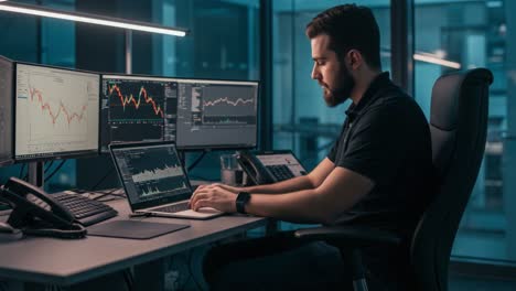 focused financial analyst analyzing market trends and data on multiple screens while using advanced tools in a modern trading environment