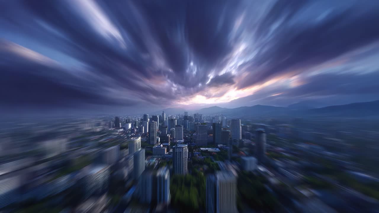 A stunning panoramic view of a vibrant city skyline transitioning from twilight to night, capturing the beauty of urban architecture and dynamic skies