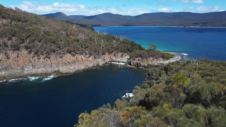 Coastal View of Jurassic Dolerite Cliffs on Bruny Island, Tasmania, Autralia - drone shot