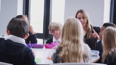 Primary-school-kids-sitting-at-a-table-eating-their-packed-lunches-and-talking-with-their-teacher