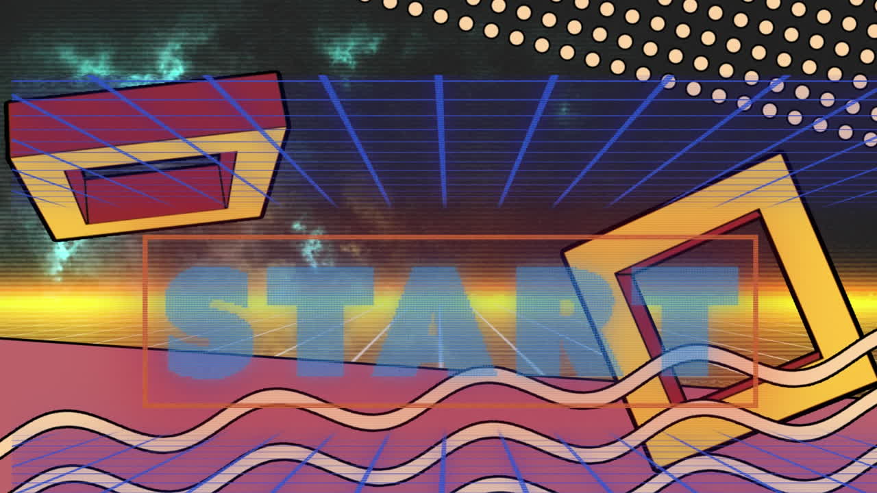 디지털 추상 공간에서 사각형과 파동으로 시작하는 애니메이션