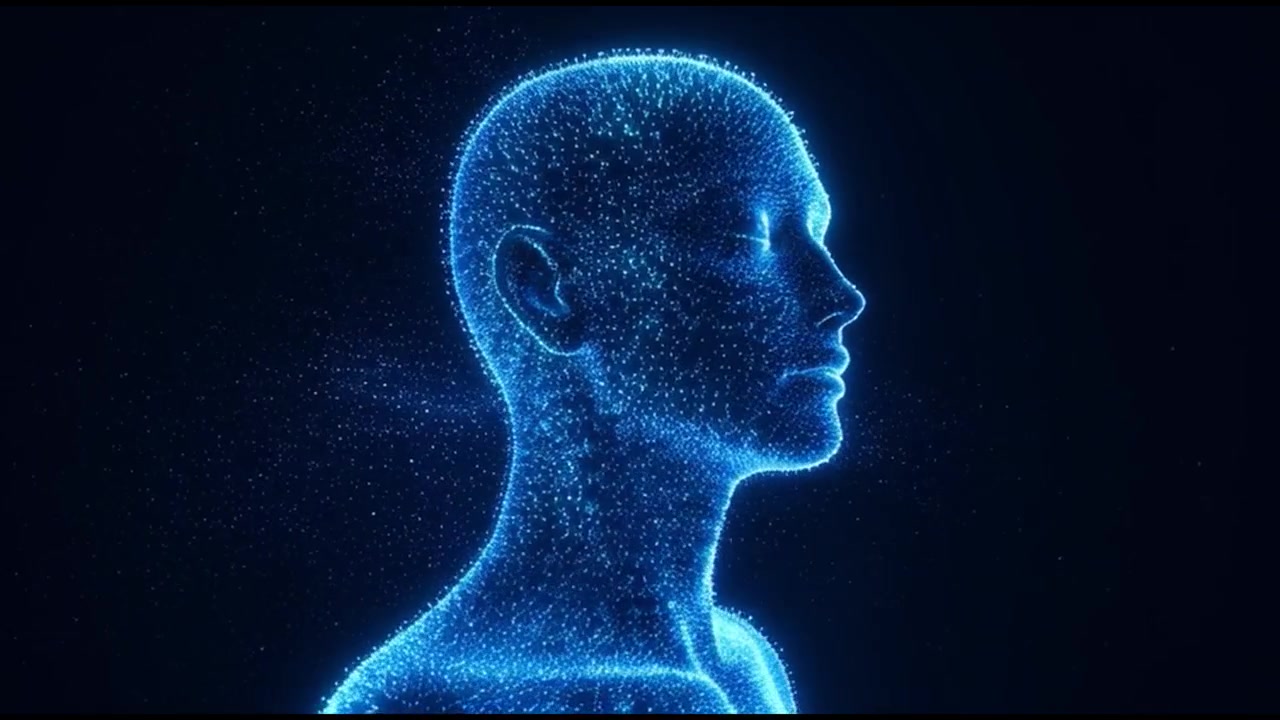 Cabeza humana de IA futurista formada por partículas azules brillantes