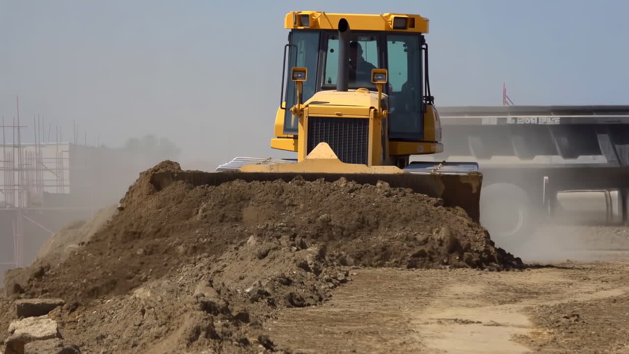 Bulldozer Pushing Earth At Construction Site, Yellow Machine Pushes Large Mound Of Soil While Dust Clouds