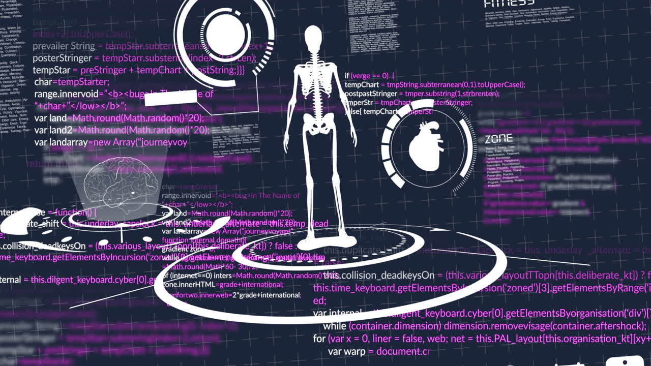 Animation of data processing and skeleton on black background