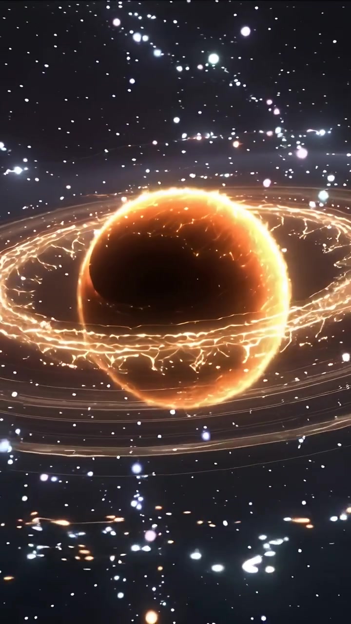 Video verticale: Sfera arancione anellata che si illumina e pulsa, emettendo filamenti e scintille nello spazio.