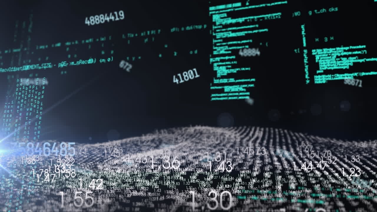 Animation of changing numbers and computer language over numbers waves against black background