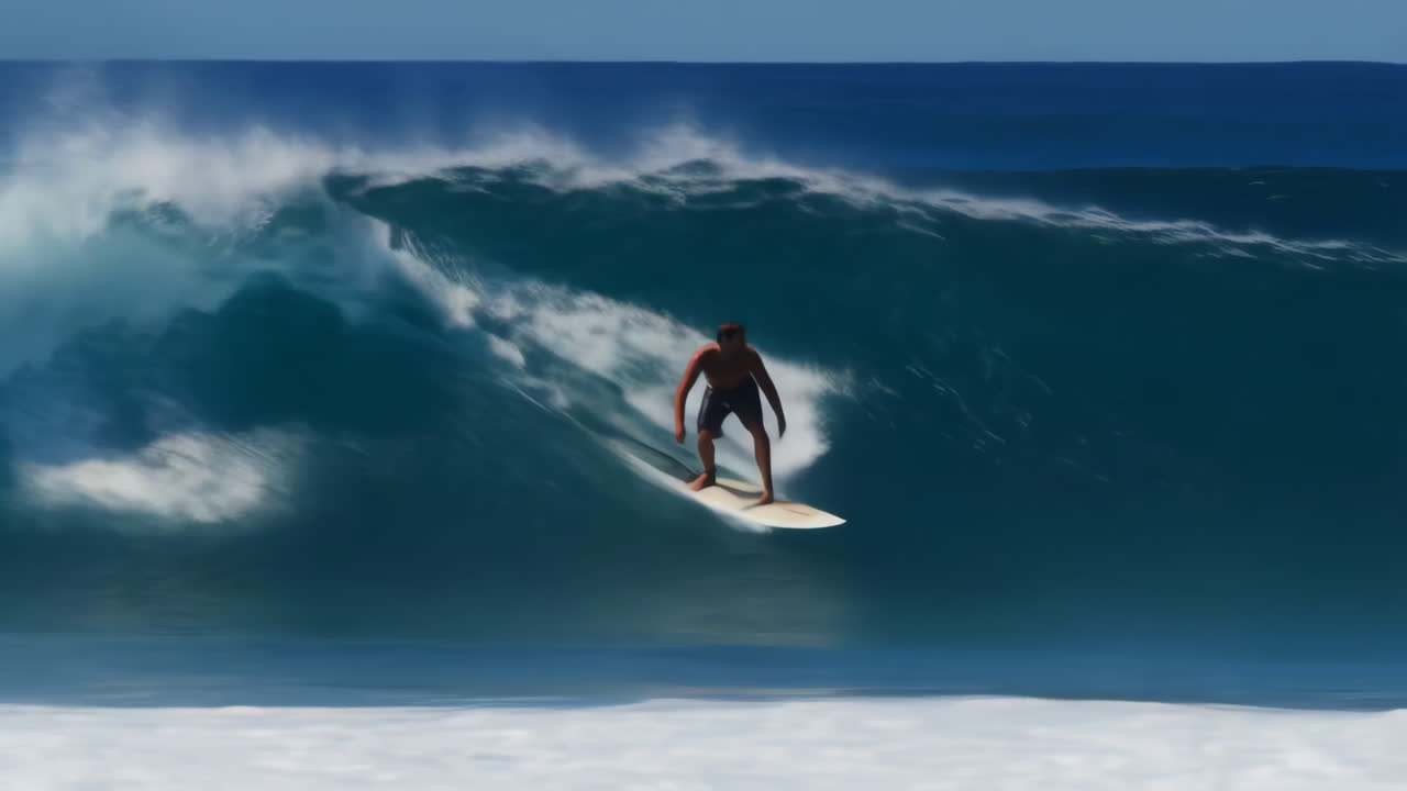 A surfer rides a large, powerful wave in the ocean