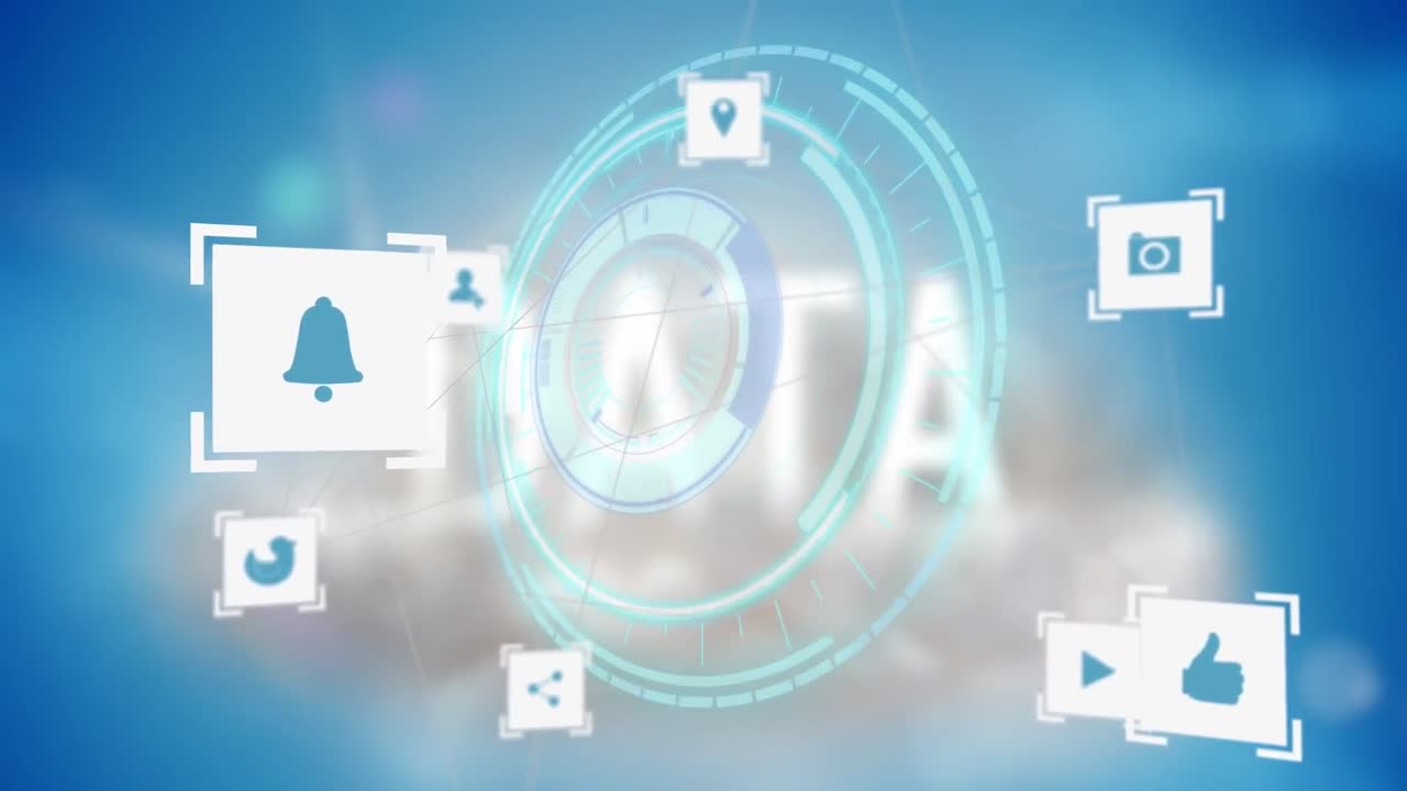 데이터와 함께 파란색 배경 위의 처리 원 위의 아이콘의 애니메이션