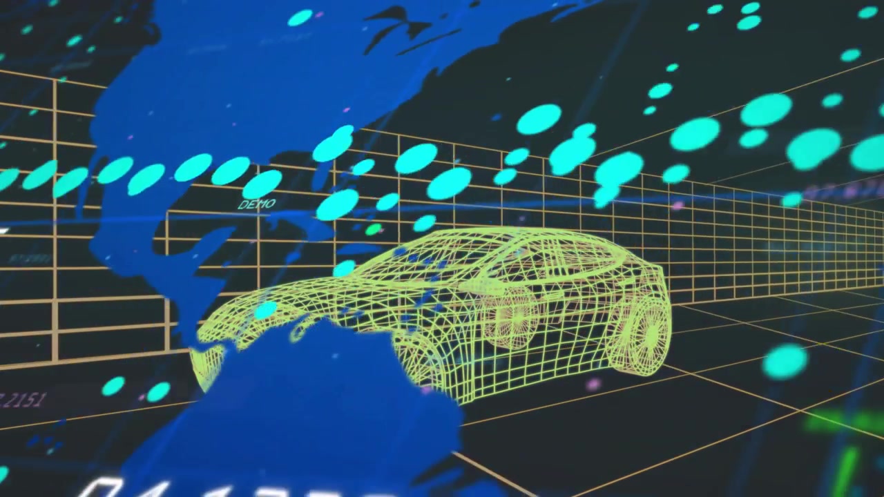 Neon car staying centered, teal dots appearing, blue map sweeping, HUD updating, showing telemetry