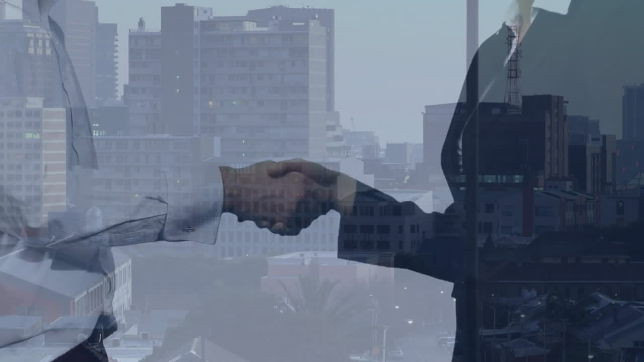 animación de apretón de manos de negocios sobre el fondo del paisaje urbano