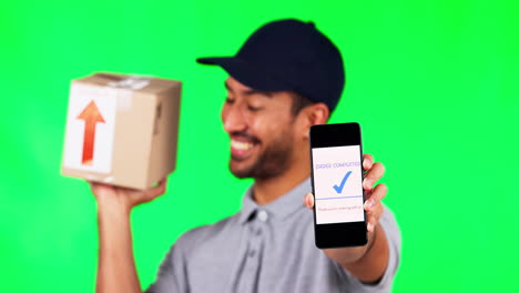 Asian-man,-box-and-phone-on-green-screen