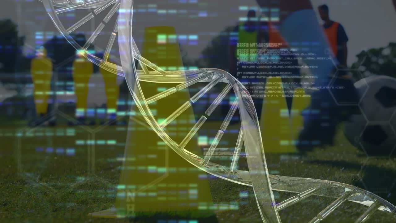 Animation of dna strand and data processing over diverse football players on stadium