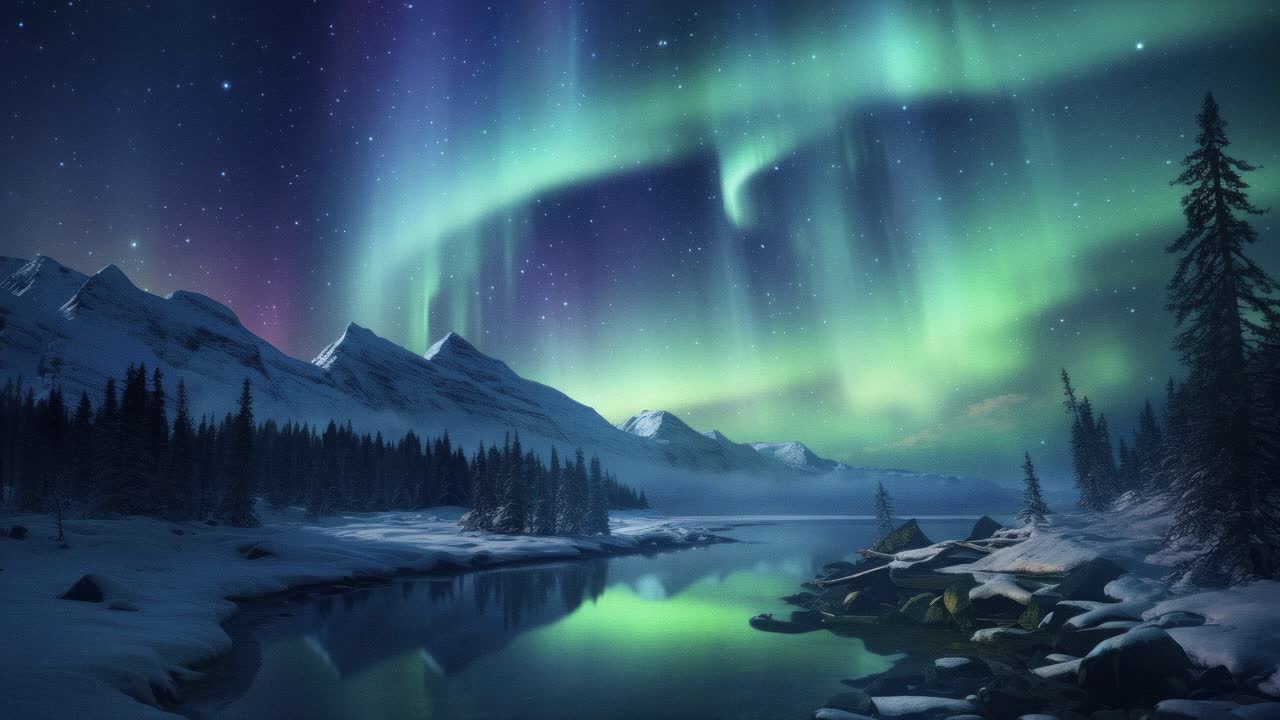 A breathtaking landscape video captures the Northern Lights over snowy mountains and a serene lake