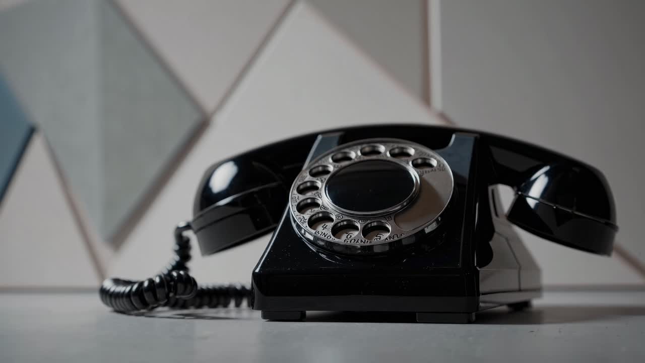 Low-angle shot of a vintage rotary phone on a table, with a geometric background