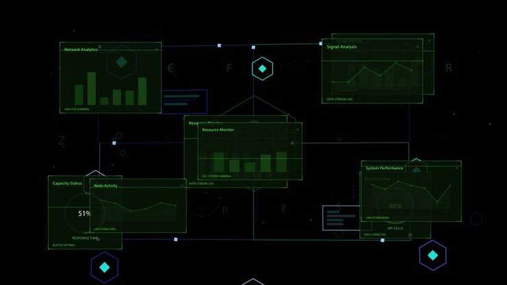 Central hexagon pulsing, beaming, panels sliding, nodes glowing, dots moving, forming dashboard