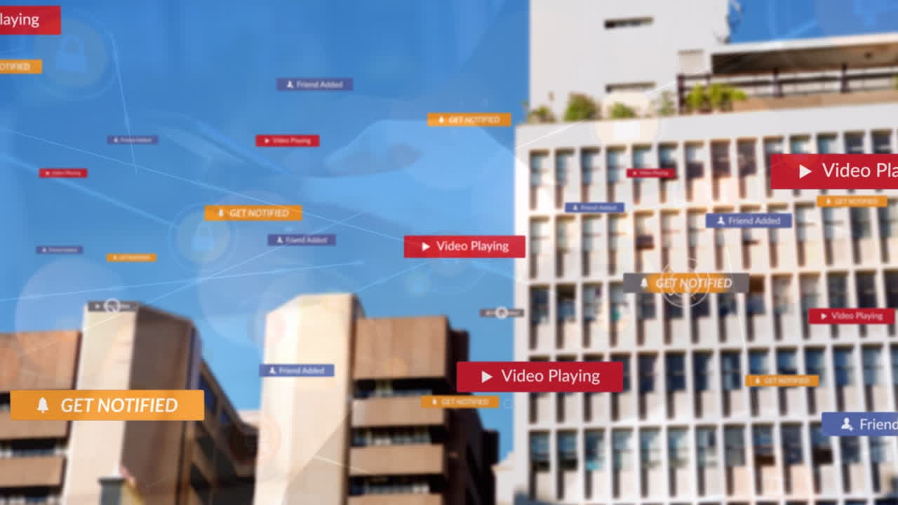 Animação de rede de conexões com ícones sobre a paisagem urbana