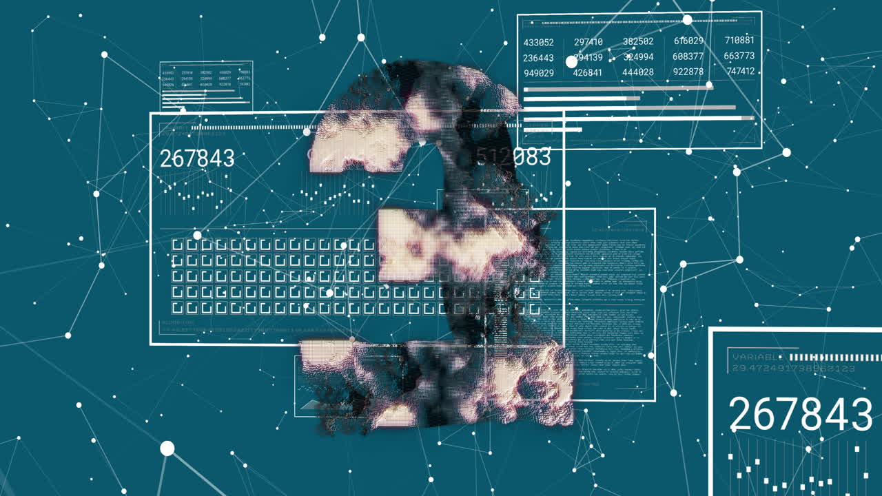 Animation of network of connections over data processing and pound symbol