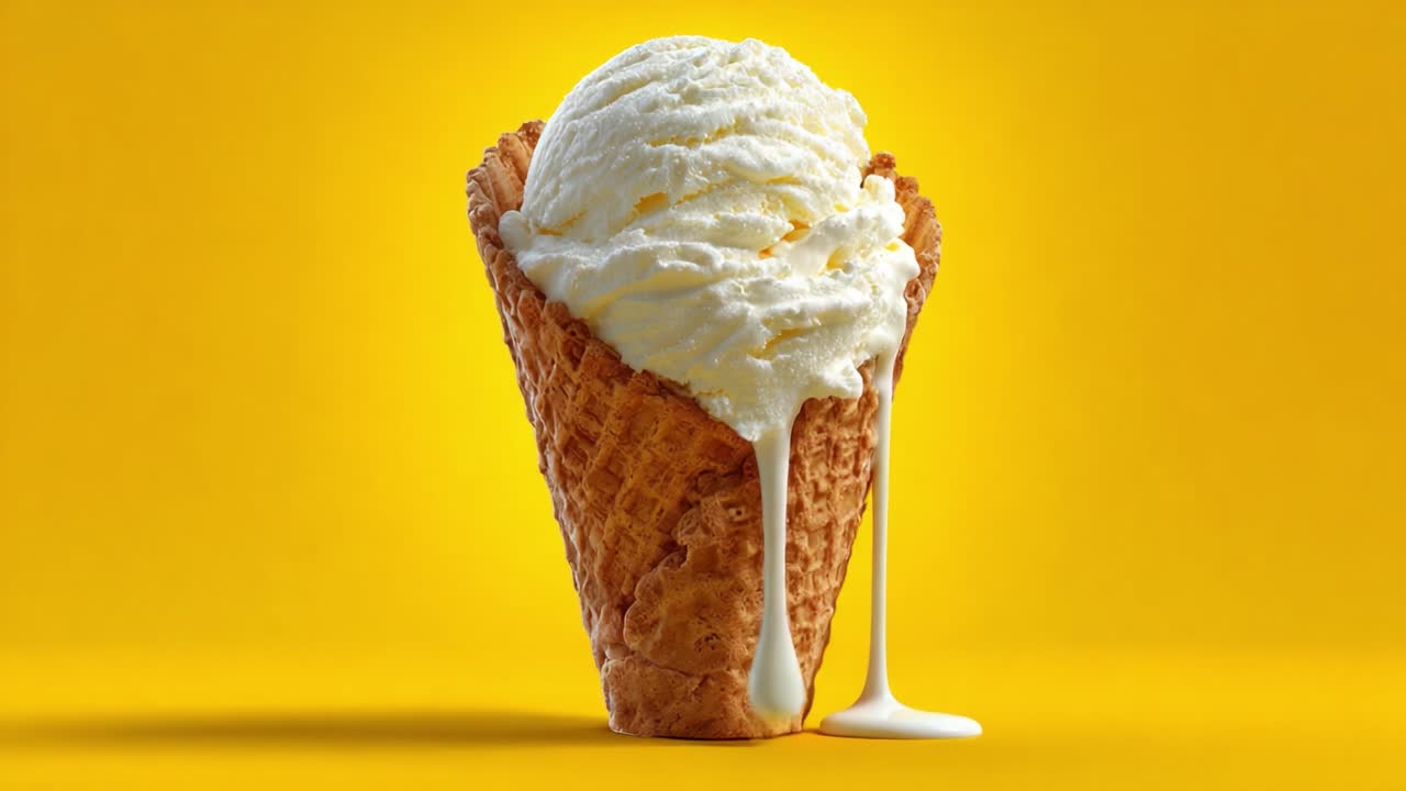 Delizioso gelato indulgente: Una cremosa delizia che si scioglie su un cono croccante contro uno sfondo giallo brillante, perfetto per le prelibatezze estive e le voglie di dolce