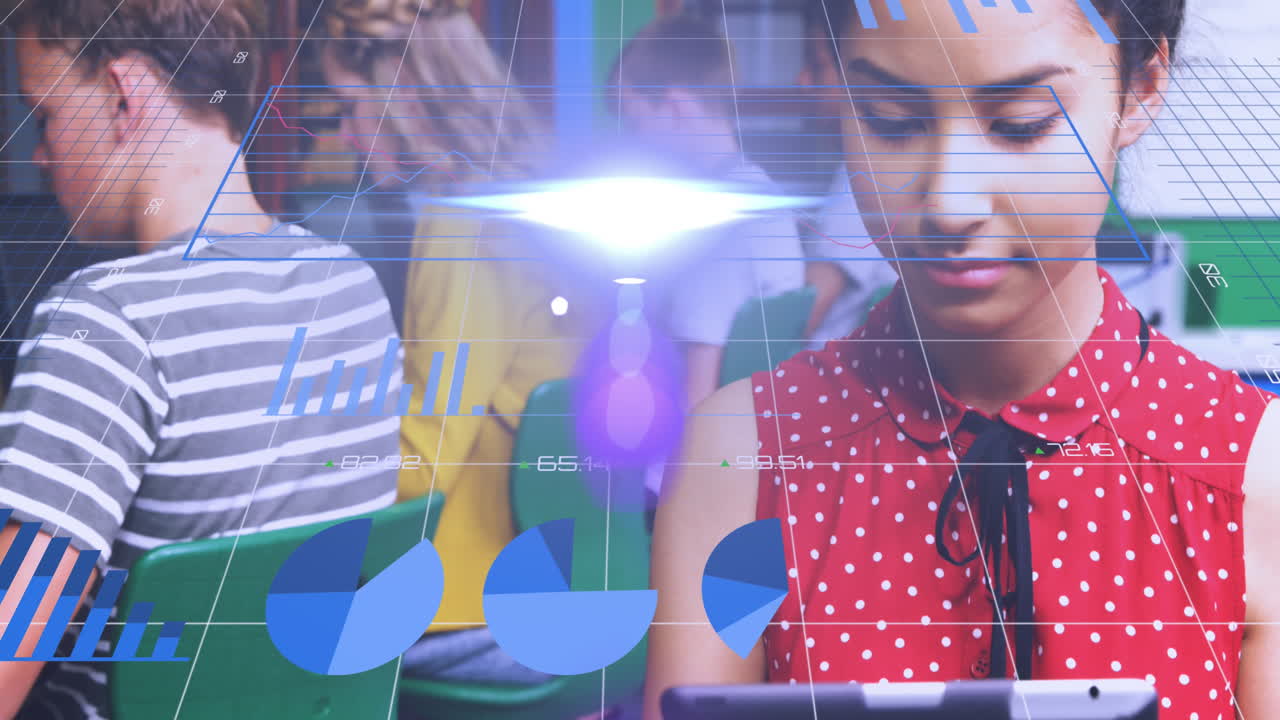 datos gráficos sobre mujeres jóvenes en tabletas en la escuela.