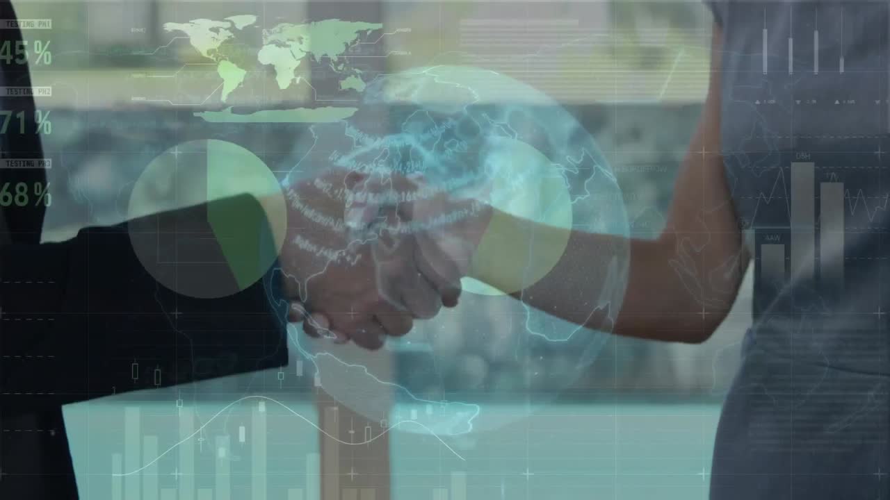 animación del globo, interfaz infográfica, ritmos cardíacos en compañeras de trabajo caucásicas que se dan la mano