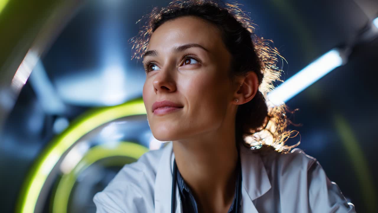 A Medical Professional Contemplating in an Innovative Medical Environment, Captured in Two Distinct Frames, Highlighting Her Thoughtful Expression and Professional Attire with a Dynamic Background