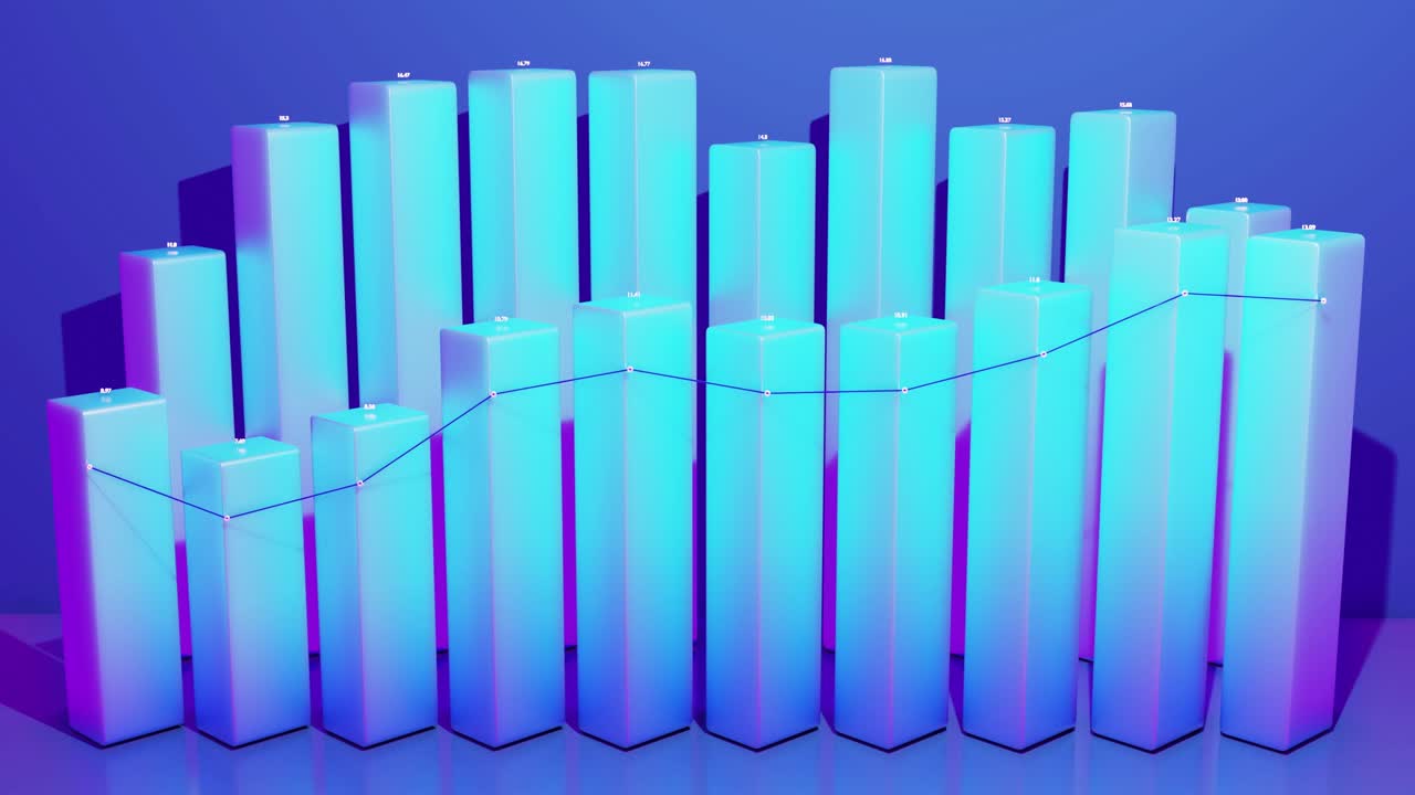 Financial background. Beautiful blue background for analytical programs with abstract infographics, statistical data. Bars, counters and graph. 3d columns smoothly move up and down in loop.