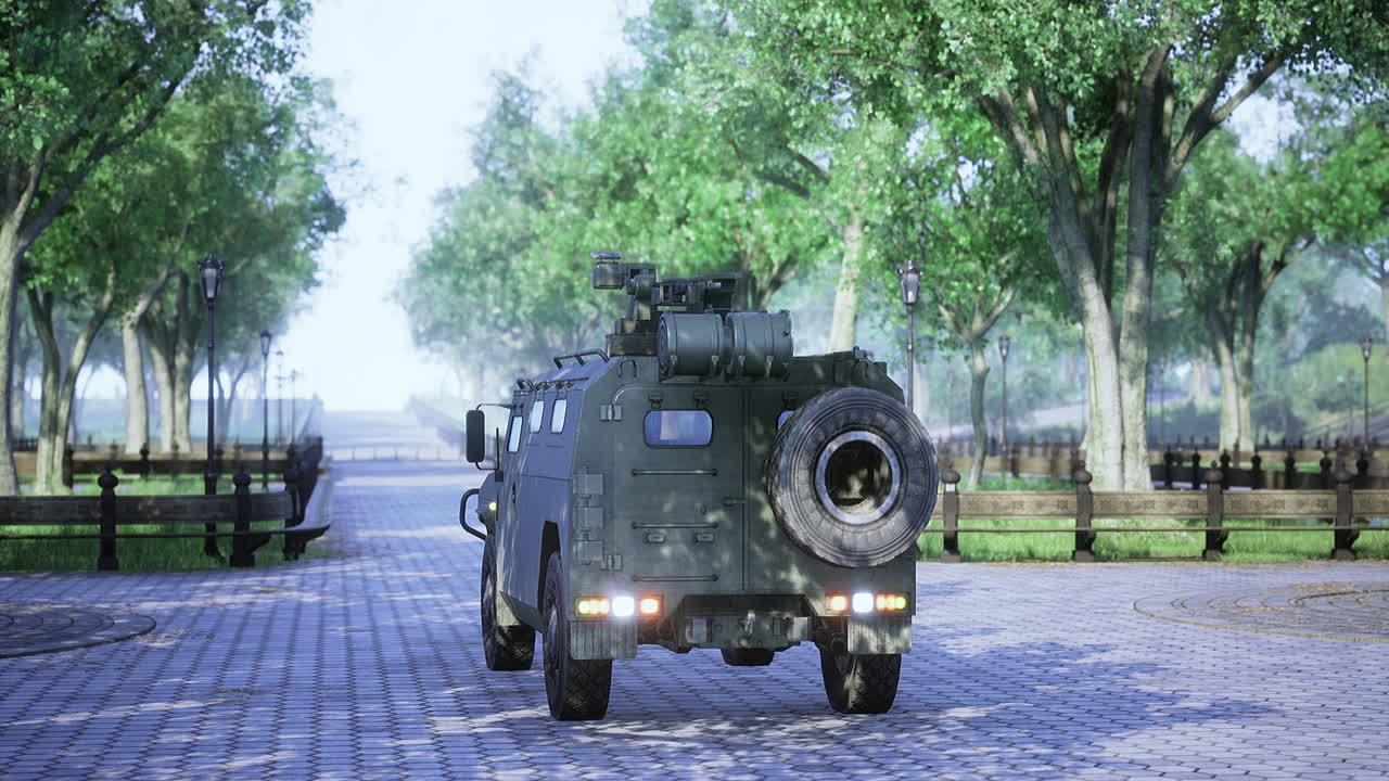 Military vehicle makes its way down a serene park path in daylight