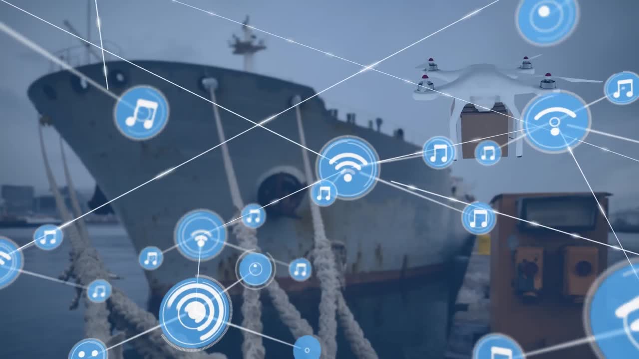 항구 위의 아이콘과 함께 연결 네트워크와 디지털 드론의 애니메이션