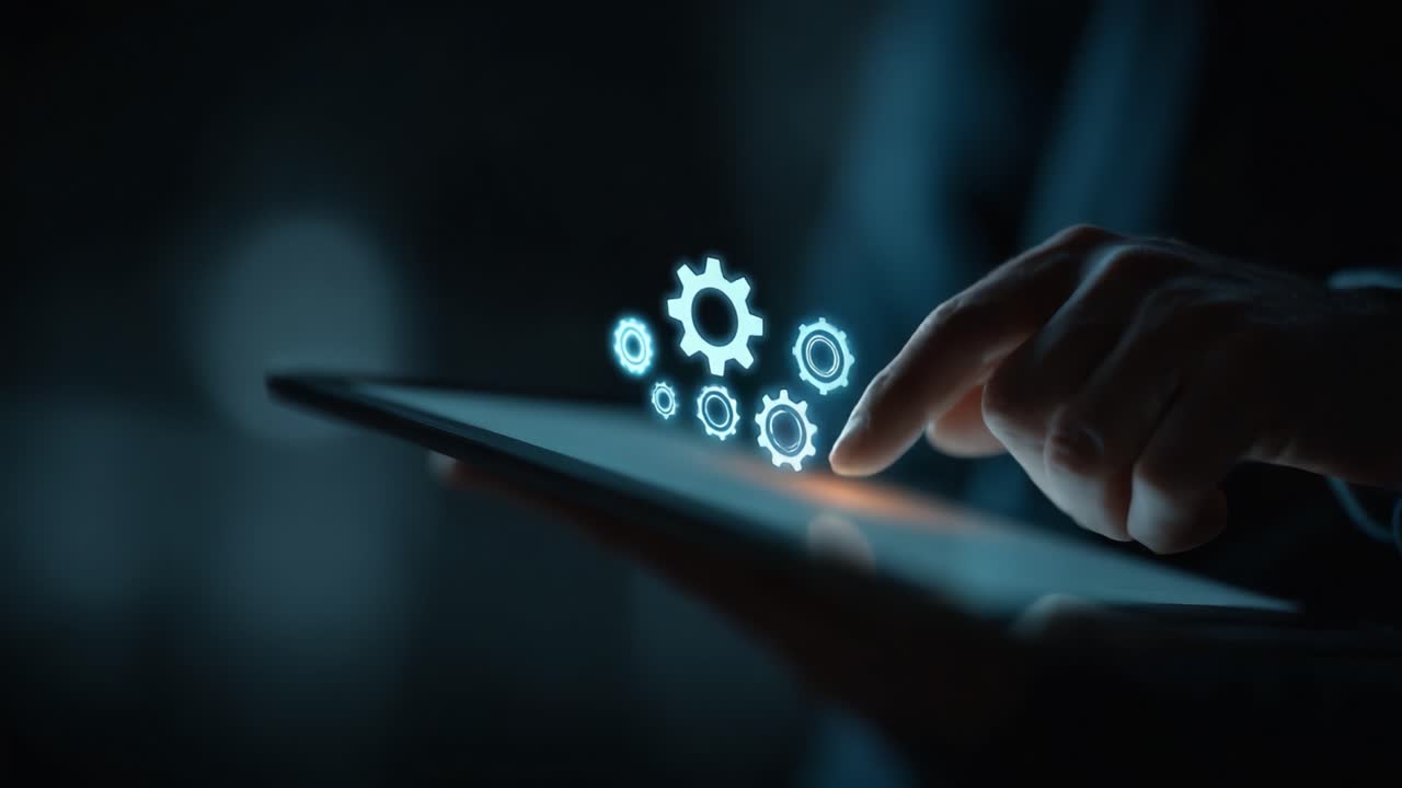 Exploring Digital Innovations: A Person Interacting with a Tablet Displaying Animated Gears, Representing Concepts of Technology, Automation, and Modern Connectivity