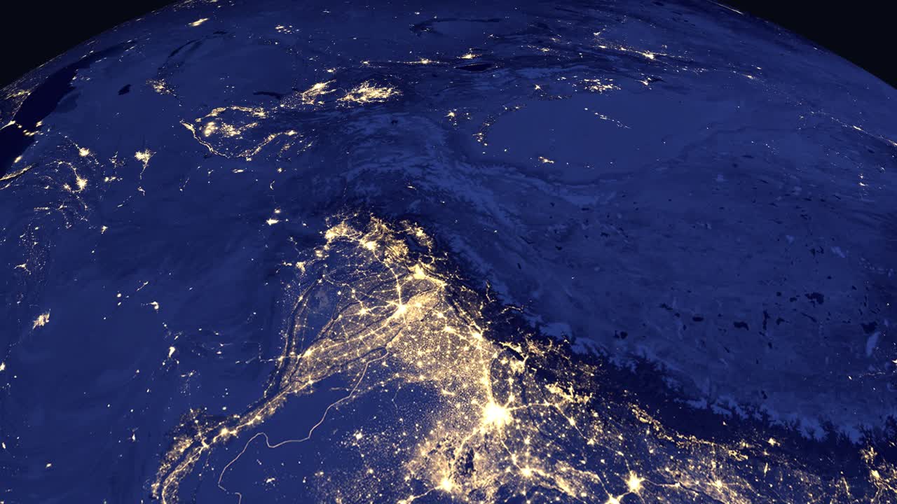 Digital animation zooms from outer space to a night view of Islamabad, Pakistan with labels