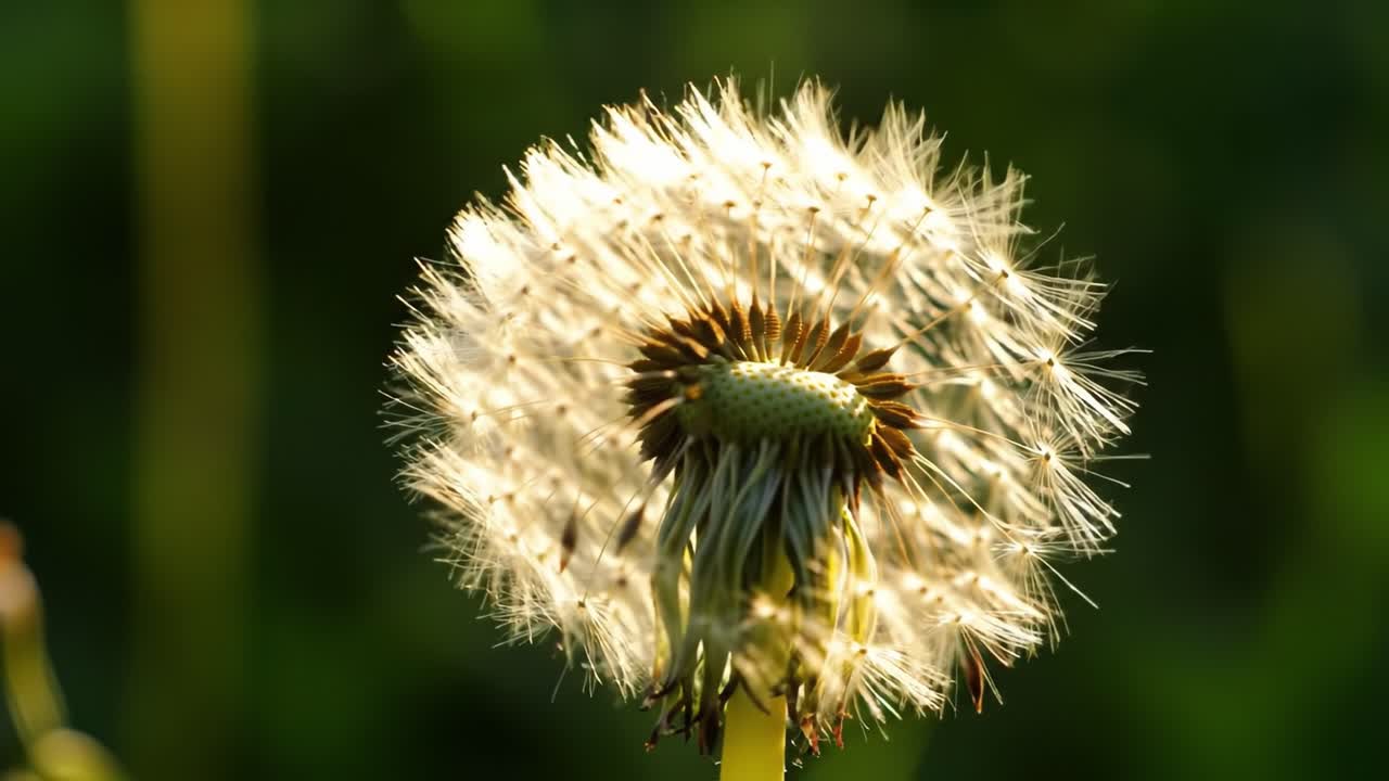 A dandelion stands tall in a tranquil field, its fluffy seeds glistening in the golden light of sunset. The gentle breeze creates movement, enhancing the serene atmosphere of the moment.