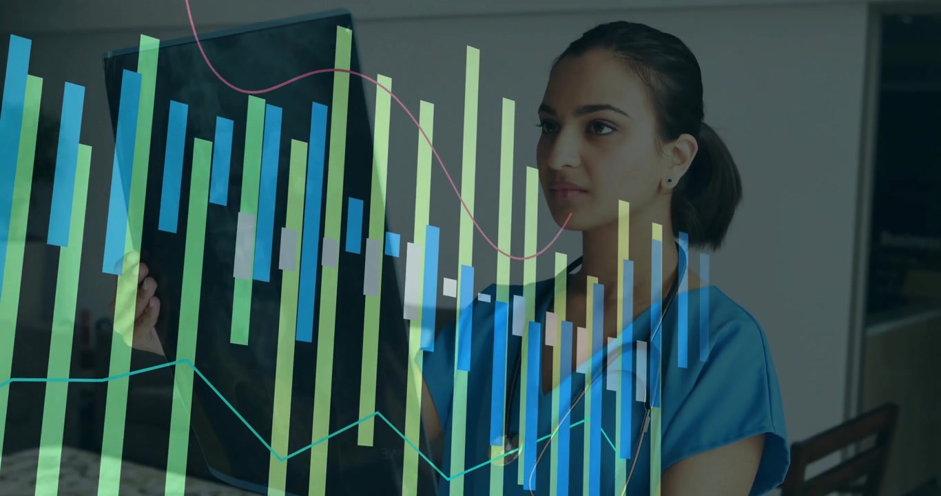 Female Doctor Examining X-ray with Digital Data Overlay