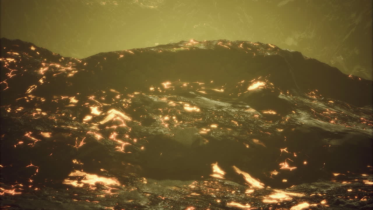 Molten lava flow creating glowing landscape at volcanic site