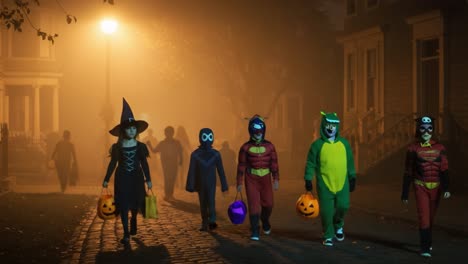 A Spooky Gathering: Children in Halloween Costumes Walking Through a Foggy Street, Illuminated by Streetlights and Carrying Pumpkin Buckets