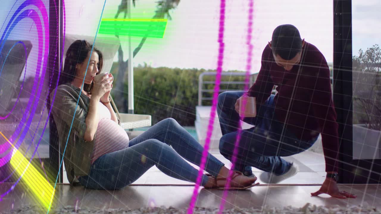 Partner entering offering mug pregnant woman accepting and drinking HUD rings fading sharing health