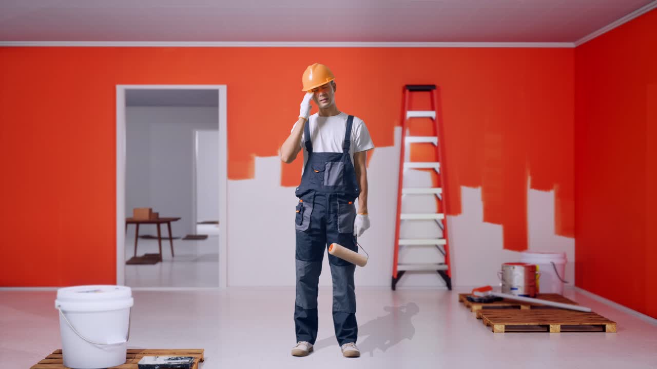 Full Body Of Asian Man Painter Wearing Safety Helmet Having A Headache While Standing With Painting Wall In Room