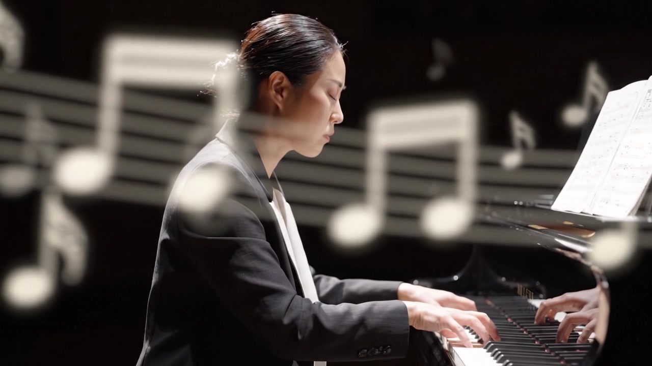Una pianista di talento si esibisce magnificamente in una sala da concerto in penombra, incarnando emozione e arte mentre si concentra sul suo accattivante brano per pianoforte.