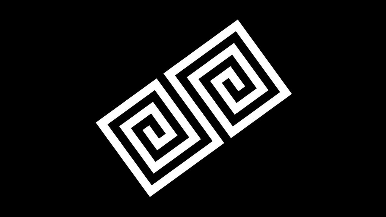 16:9 영상 형식으로 풀 스크린에서 중앙으로 사라지는 크기를 줄여 시계 방향으로 회전하는 스트로보스코픽 및 최면 효과를 가진 흑백 그래픽 객체