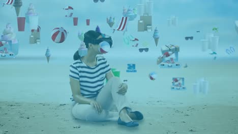 Animation-of-Caucasian-woman-wearing-vr-headset-sitting-on-a-beach-with-floating-leisure-and-travel-