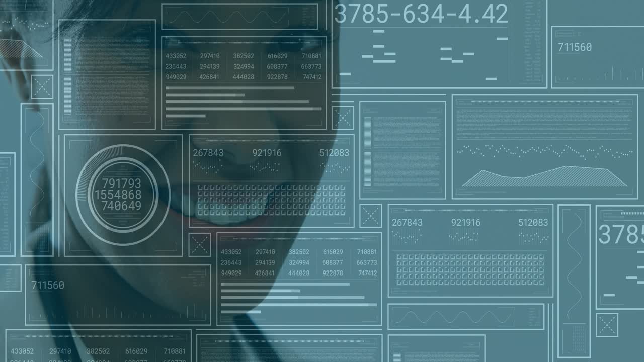 Updating transparent medical HUD showing physician lifting stethoscope and analyzing patient data
