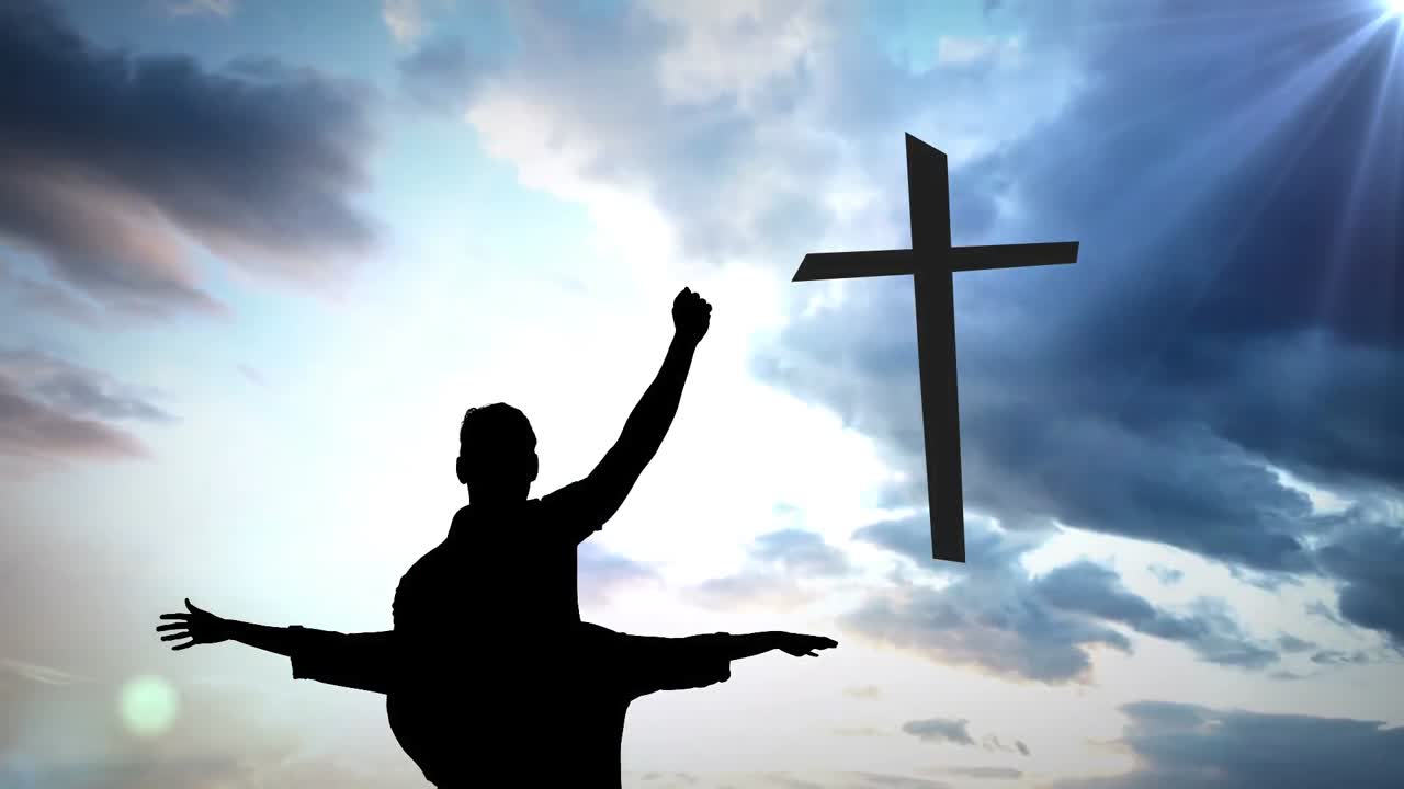 구름 과 십자가 위 에 있는 사람 들 의 실루 ⁇  의 애니메이션